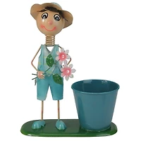 13.5" Boy With Blue Overalls & Flowers Spring Outdoor Planter
