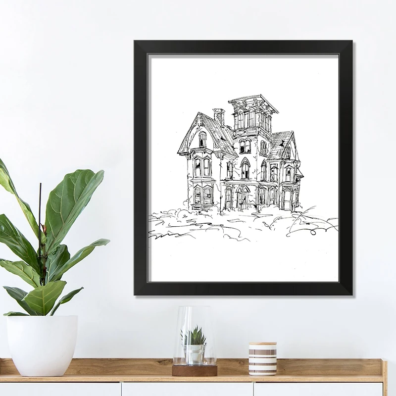 Haunted House Sketch Halloween Print in Black Frame