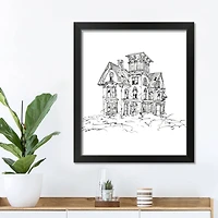 Haunted House Sketch Halloween Print in Black Frame