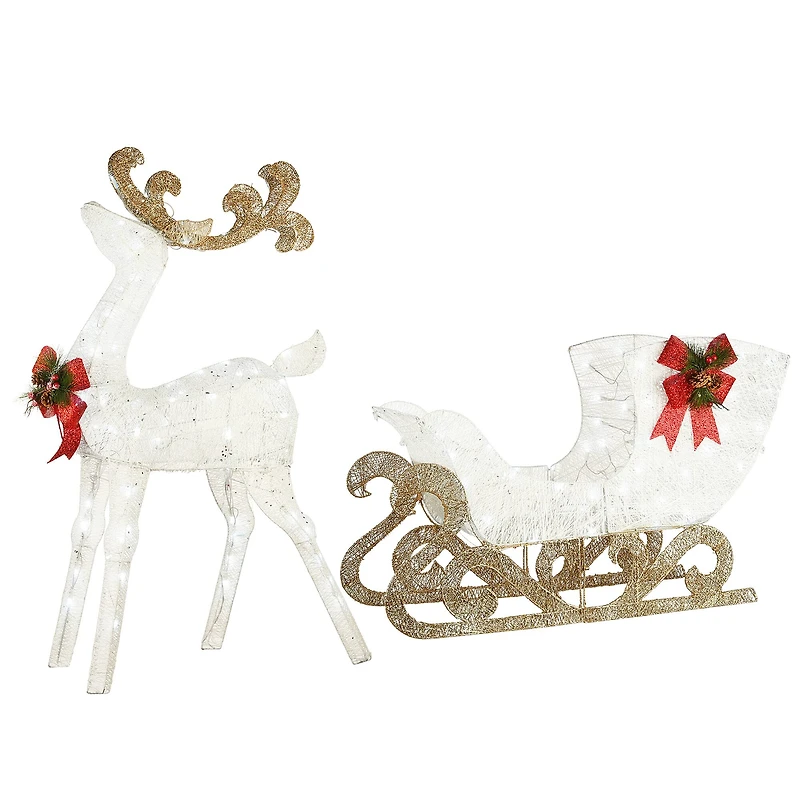 48" White Sisal Reindeer Pulling Sleigh with 140 Cool White LED Lights