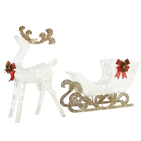 48" White Sisal Reindeer Pulling Sleigh with 140 Cool White LED Lights