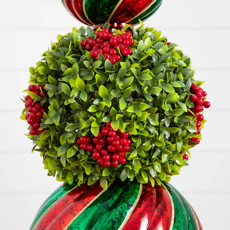 3ft. Pre-Lit Artificial Christmas Ornament Boxwood Topiary Tree with 70 Warm White LED Lights