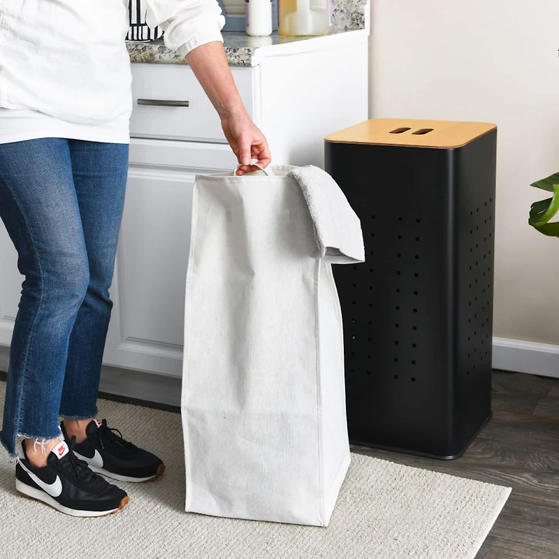 Household Essentials Square Metal Hamper with Wooden Lid