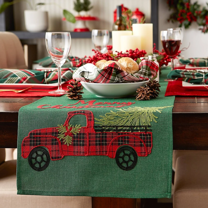DII® 70" Green Merry Christmas Truck Embroidered Table Runner