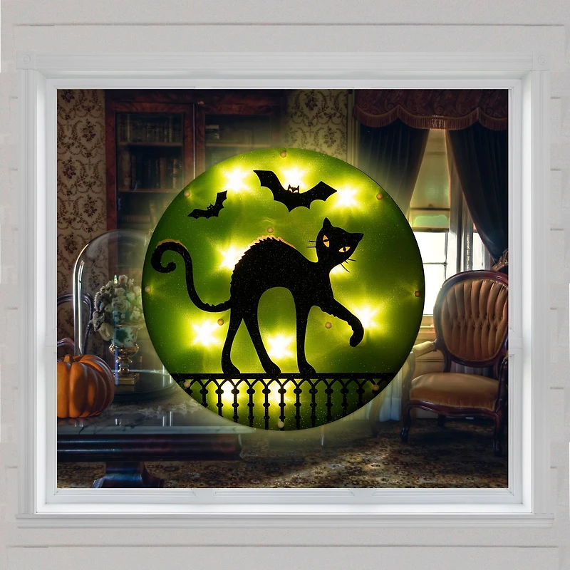 Lighted Black Cat Halloween Window Silhouette