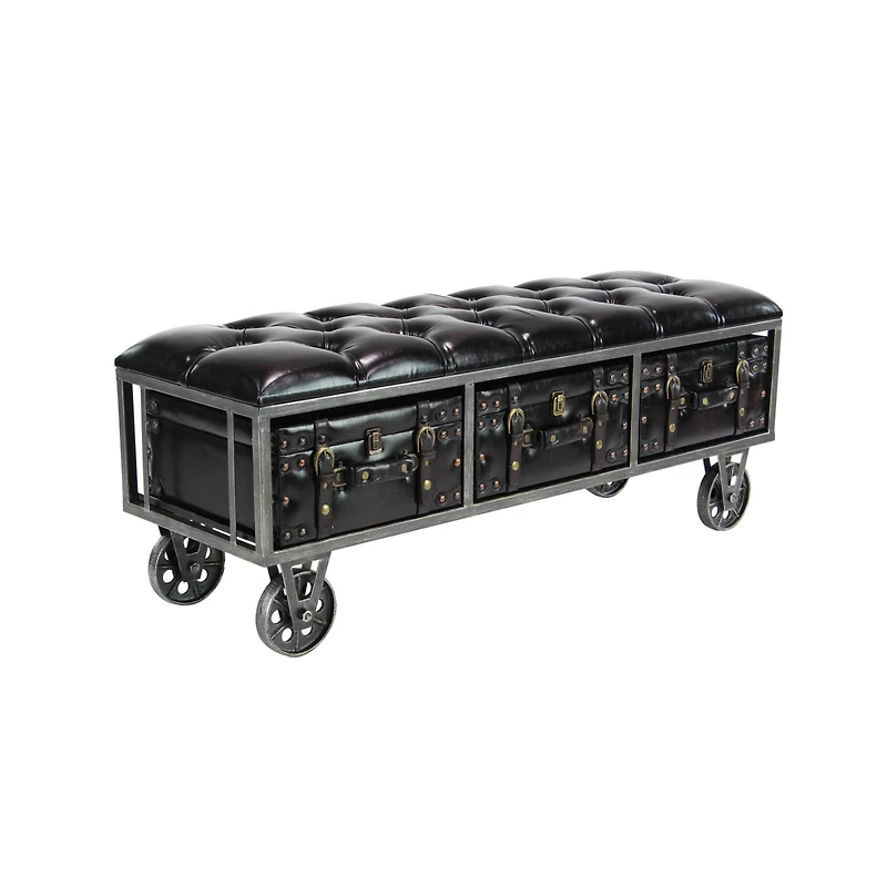 Industrial Rectangular Black Faux Leather and Wood Storage Bench, 19" x 47" x 16"