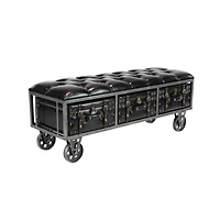 Industrial Rectangular Black Faux Leather and Wood Storage Bench, 19" x 47" x 16"