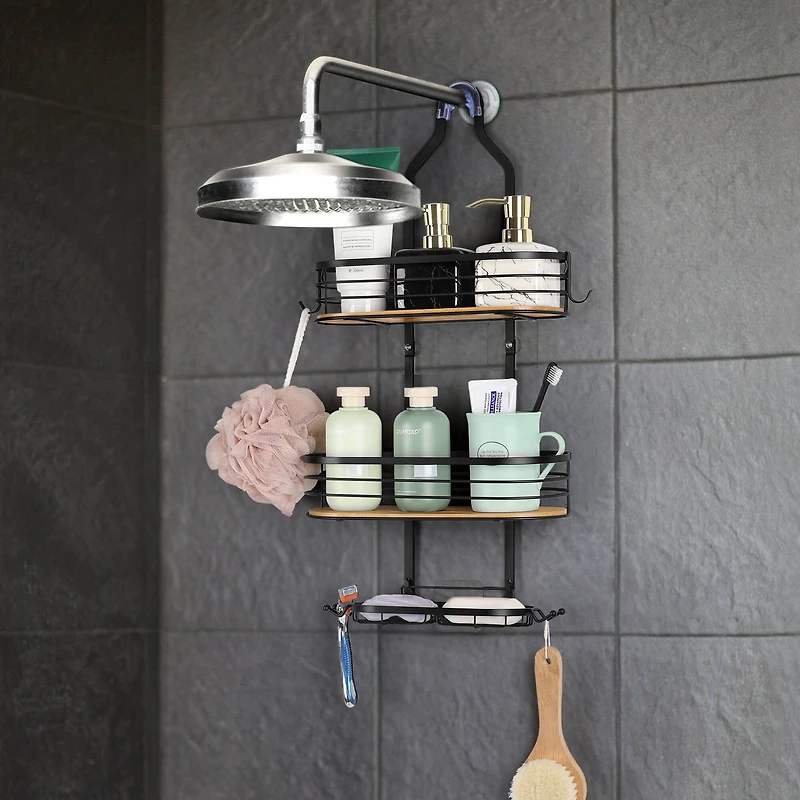 NEX™ Black Stainless Steel & Bamboo Hanging Caddy Shower Organizer with Hooks