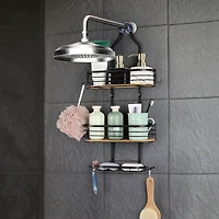 NEX™ Black Stainless Steel & Bamboo Hanging Caddy Shower Organizer with Hooks