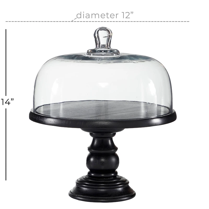 Black Wood and Glass Farmhouse Cake Stand with Cloche, 14" x 12" x 12"