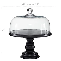 Black Wood and Glass Farmhouse Cake Stand with Cloche, 14" x 12" x 12"