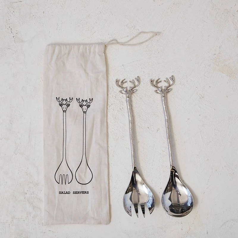 Hello Honey® 11" Reindeer Handle Nickel Finish Salad Server Set