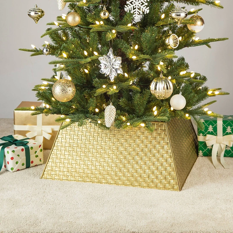 Glitzhome® 25.75" Gold Trapezoid Metal Weave Tree Collar