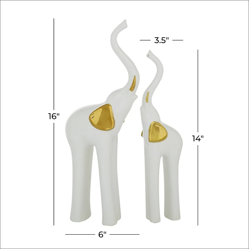 Set of 2 Gold Porcelain Glam Elephant Sculpture, 14", 16"