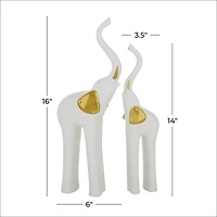 Set of 2 Gold Porcelain Glam Elephant Sculpture, 14", 16"