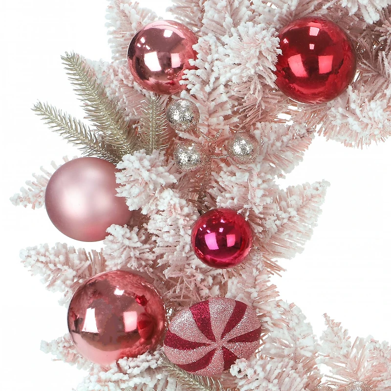 24" Pink Ornament & Flocked Pine Wreath with Red Bow by Ashland®
