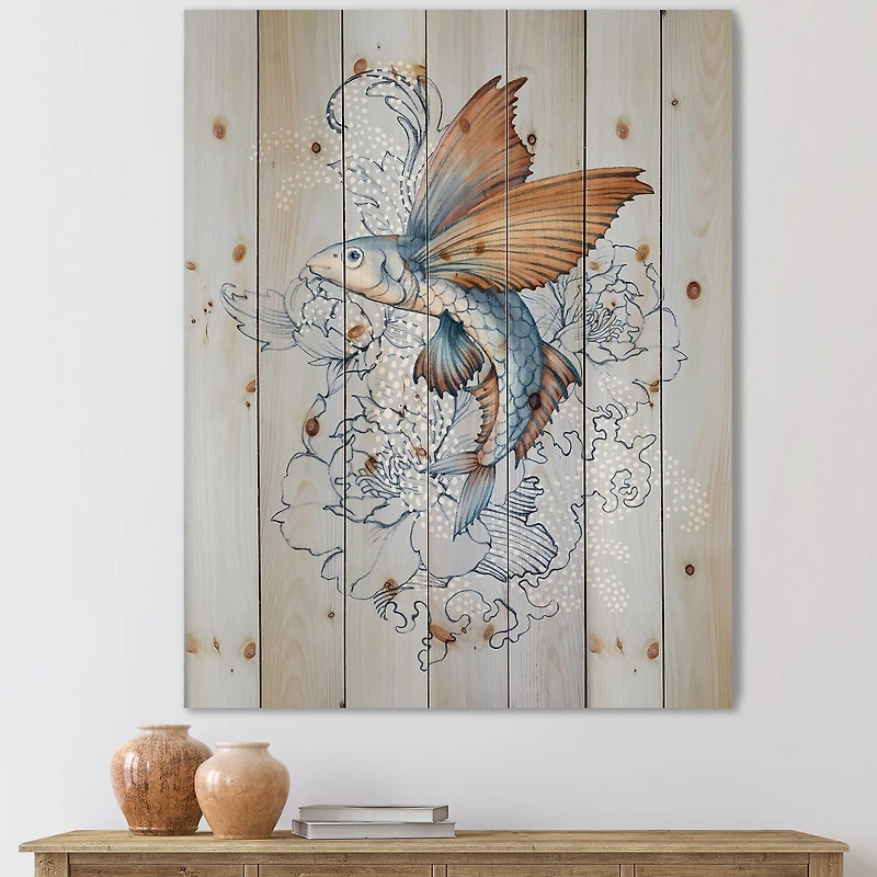Designart - Flying Fish On Peonies - Traditional Print on Natural Pine Wood