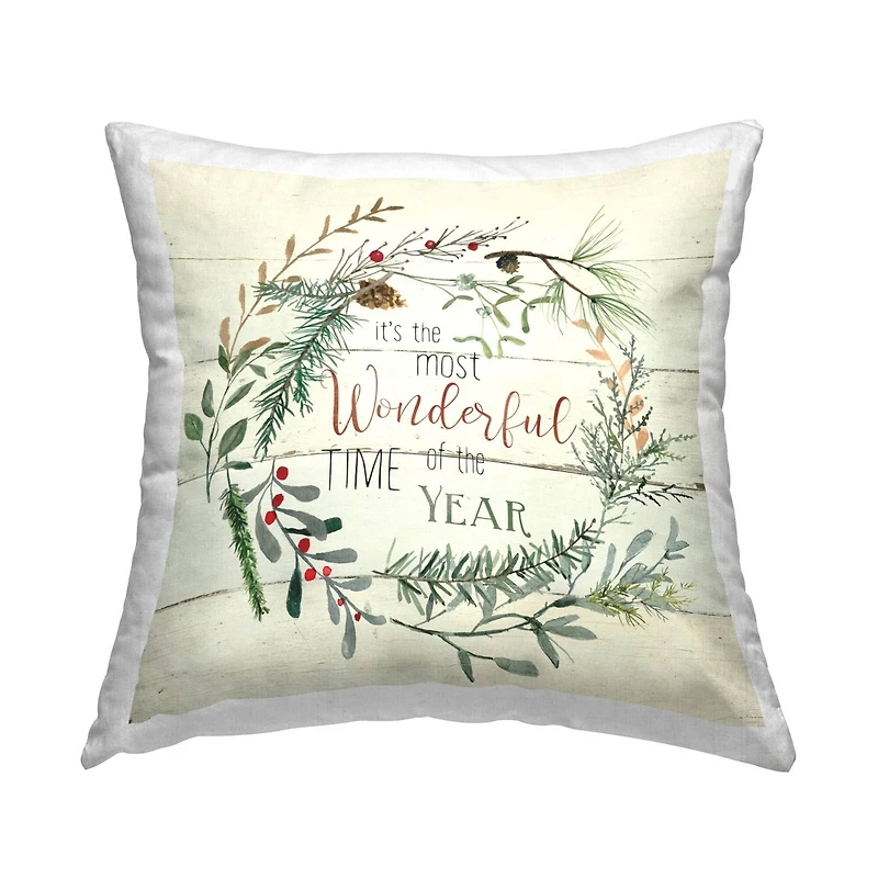 Stupell Industries Wonderful Time of Year Holiday Wreath Throw Pillow