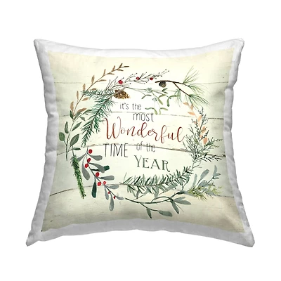 Stupell Industries Wonderful Time of Year Holiday Wreath Throw Pillow