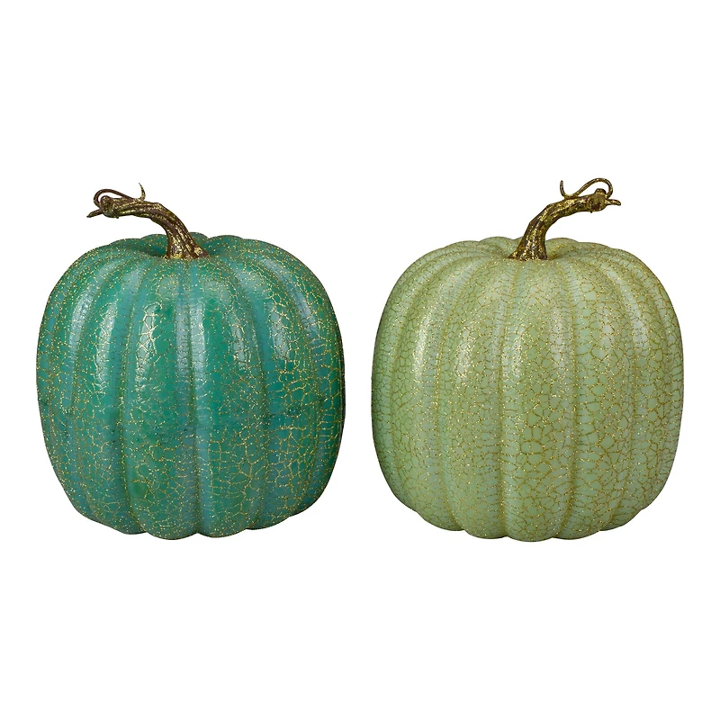 7" Green Glittered Fall Harvest Tabletop Pumpkin Set