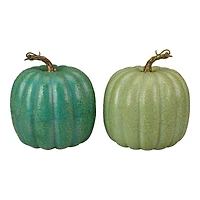 7" Green Glittered Fall Harvest Tabletop Pumpkin Set