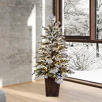 4.5ft. Pre-Lit Flocked Comet Pine Artificial Christmas Tree In Brown Pot, Clear Dura-Lit® LED Lights