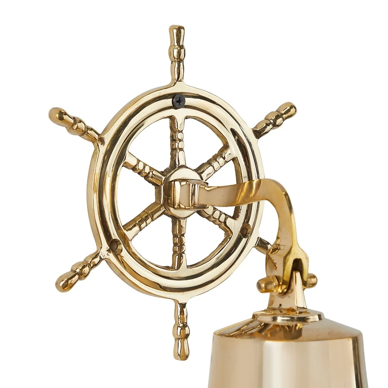 Gold Brass Bell Wall Decor with Ship wheel Backing 7" x 9" x 6"
