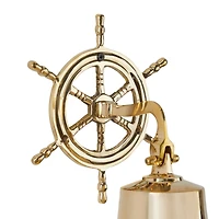 Gold Brass Bell Wall Decor with Ship wheel Backing 7" x 9" x 6"