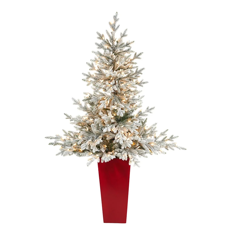 4.75ft. Pre-Lit Flocked Fraser Fir Artificial Christmas Tree  in Tower Planter, Warm White Lights