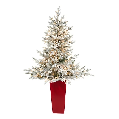 4.75ft. Pre-Lit Flocked Fraser Fir Artificial Christmas Tree  in Tower Planter, Warm White Lights
