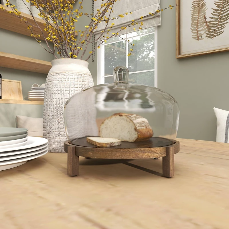 12.5" Dark Brown Mango Wood Cake Stand with Glass Cloche