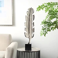 28" Silver Aluminum Bird Feather Sculpture with Black Marble Base