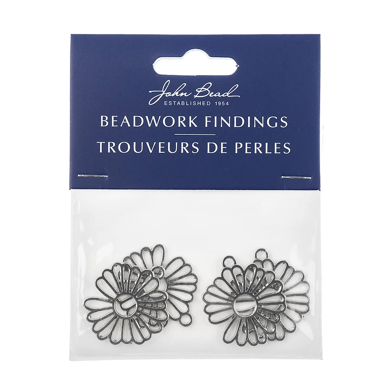 John Bead 28mm Silver Flower Beadwork Pendants, 4ct.