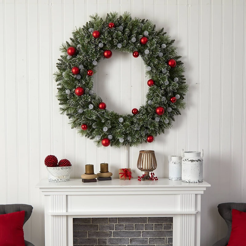 4ft. Oversized Pre-Lit Frosted Holiday Christmas Wreath with Ornaments