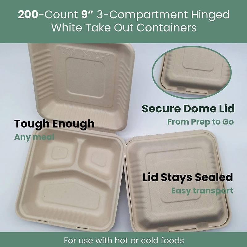 9" Natural Beige Single-Compartment Hinged Compostable Take Out Containers, 200ct.