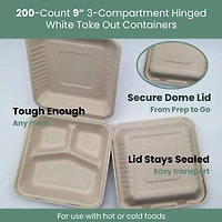 9" Natural Beige Single-Compartment Hinged Compostable Take Out Containers, 200ct.