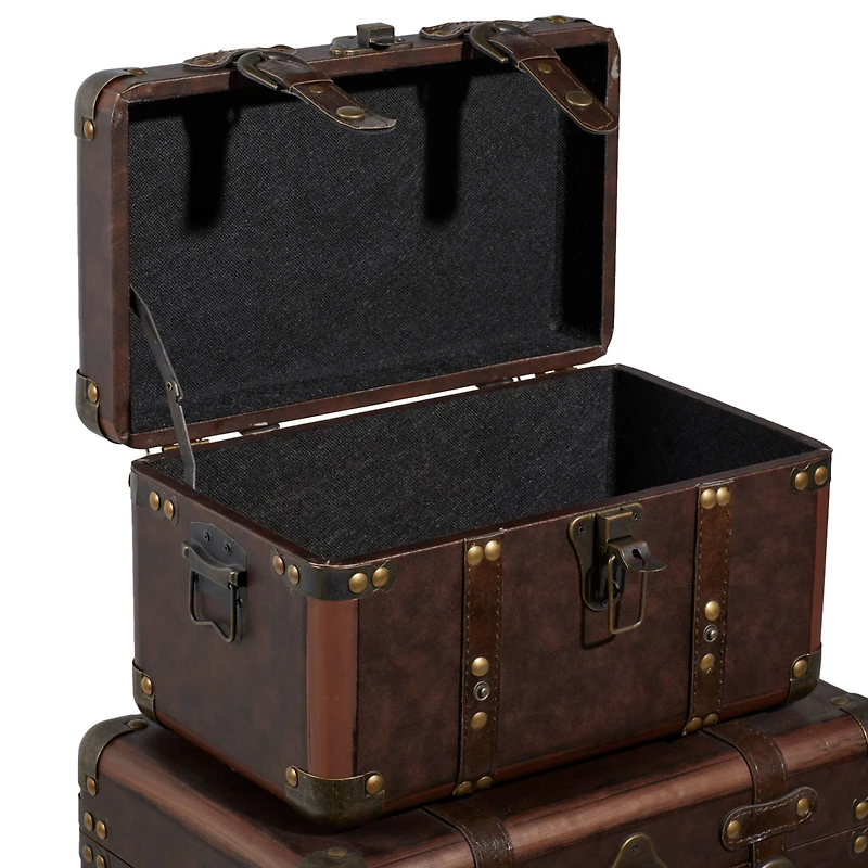 Set of 3" Brown Leather Traditional Trunk, 18", 16", 13"