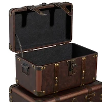 Set of 3" Brown Leather Traditional Trunk, 18", 16", 13"