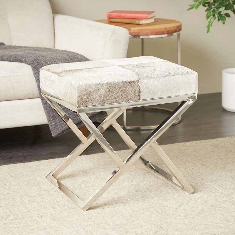 21" Light Gray Leather Geometric Stool with Metal Base