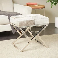 21" Light Gray Leather Geometric Stool with Metal Base