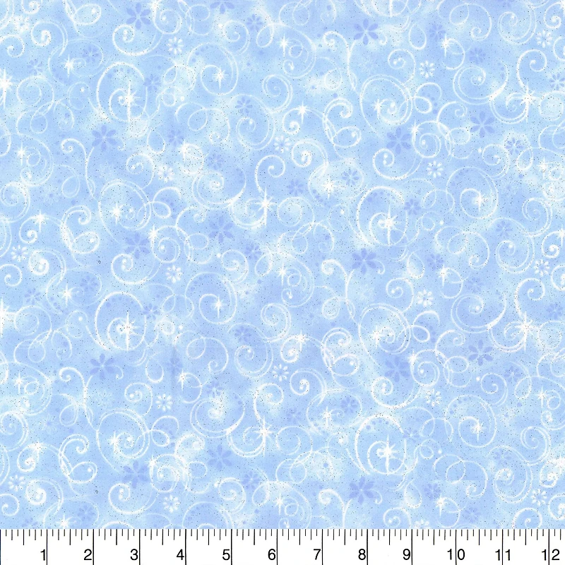 Fabric Traditions Swirls on Light Blue Glitter Cotton Fabric