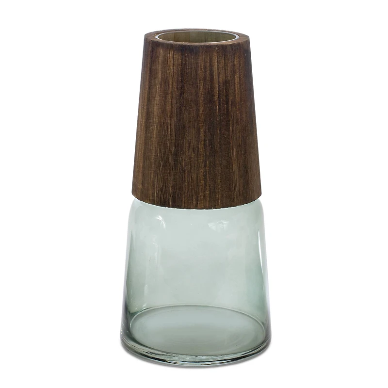 11" Tapered Glass with Wood Accent Vase Set