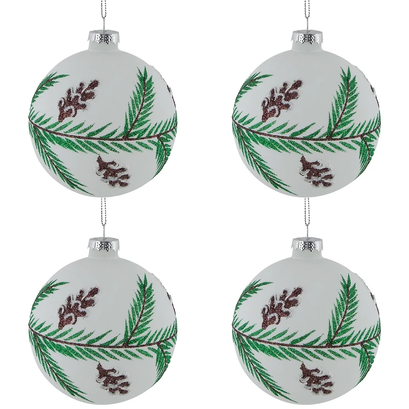 Glittered Glass Ball Christmas Ornaments with Pine Cones  - 4" (100mm) - 4ct