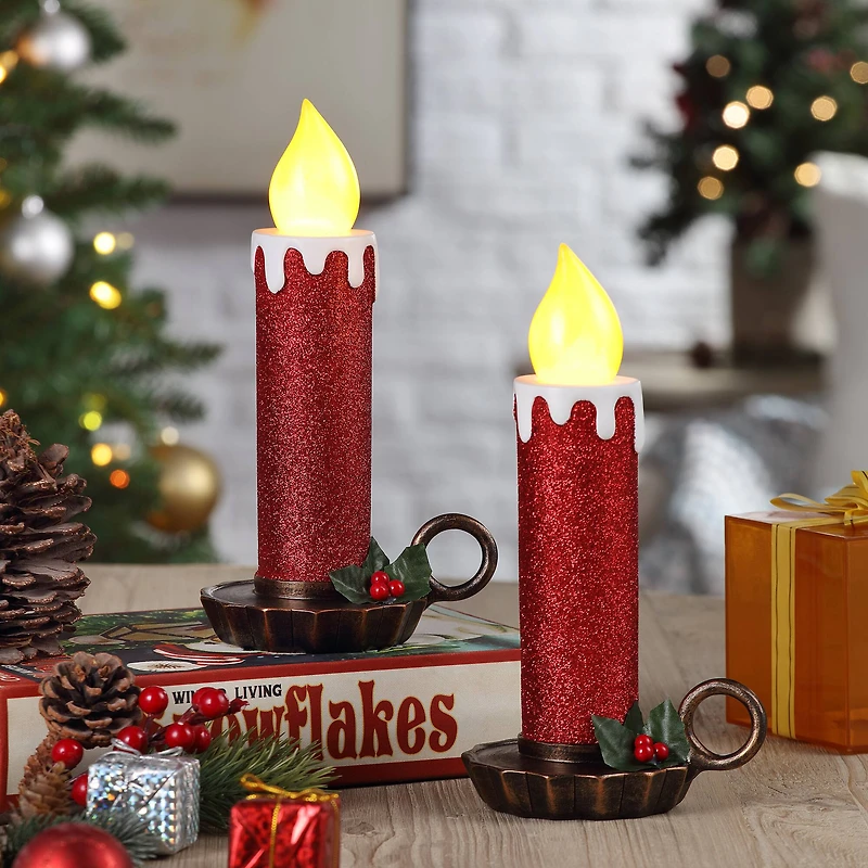 10" Red Flickering LED Glittery Candles, 2ct.