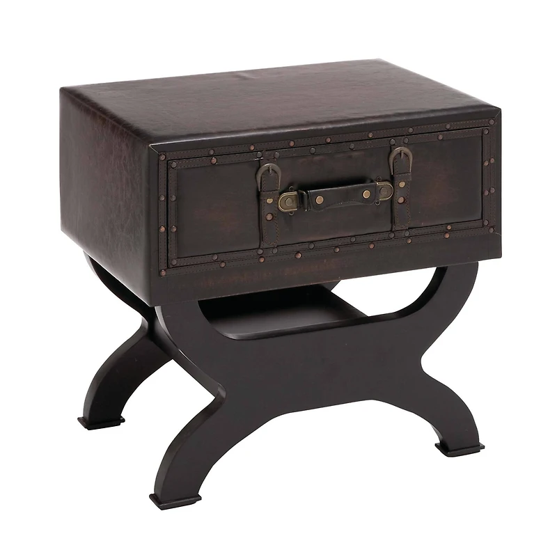 Brown Wood and Faux  Leather Traditional Accent Table, 22" x 22" x 16"
