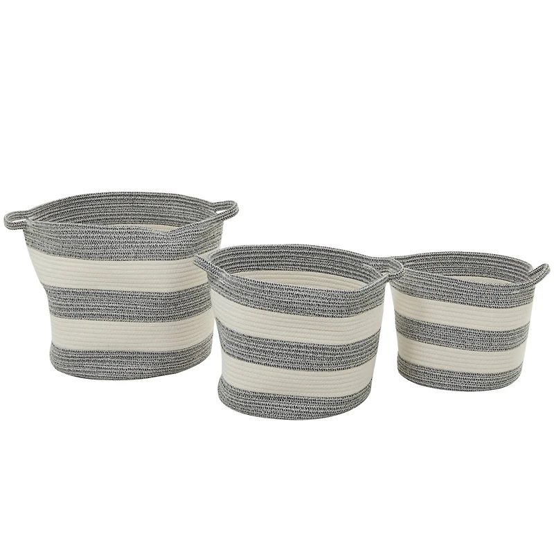 Gray Cotton Handmade Striped Storage Basket with Handles Set of 3 14", 12", 10"
