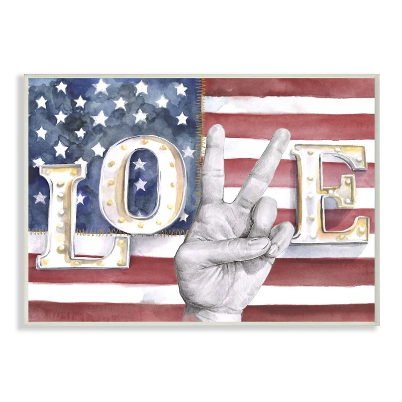 Stupell Industries Love Peace Sign Hand American Flag Design Wall Plaque
