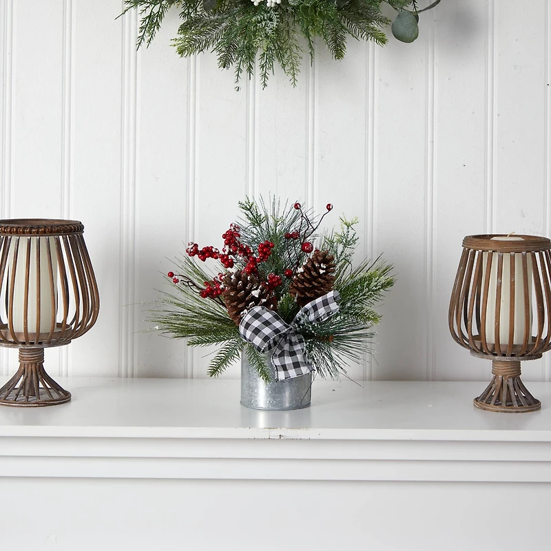 12" Frosted Pinecones & Berries Artificial Arrangement in Vase with Decorative Plaid Bow