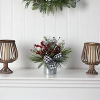 12" Frosted Pinecones & Berries Artificial Arrangement in Vase with Decorative Plaid Bow