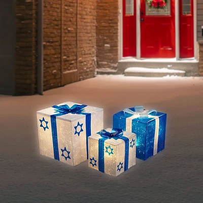 White & Blue Lighted Hanukkah Gift Box Decoration Set